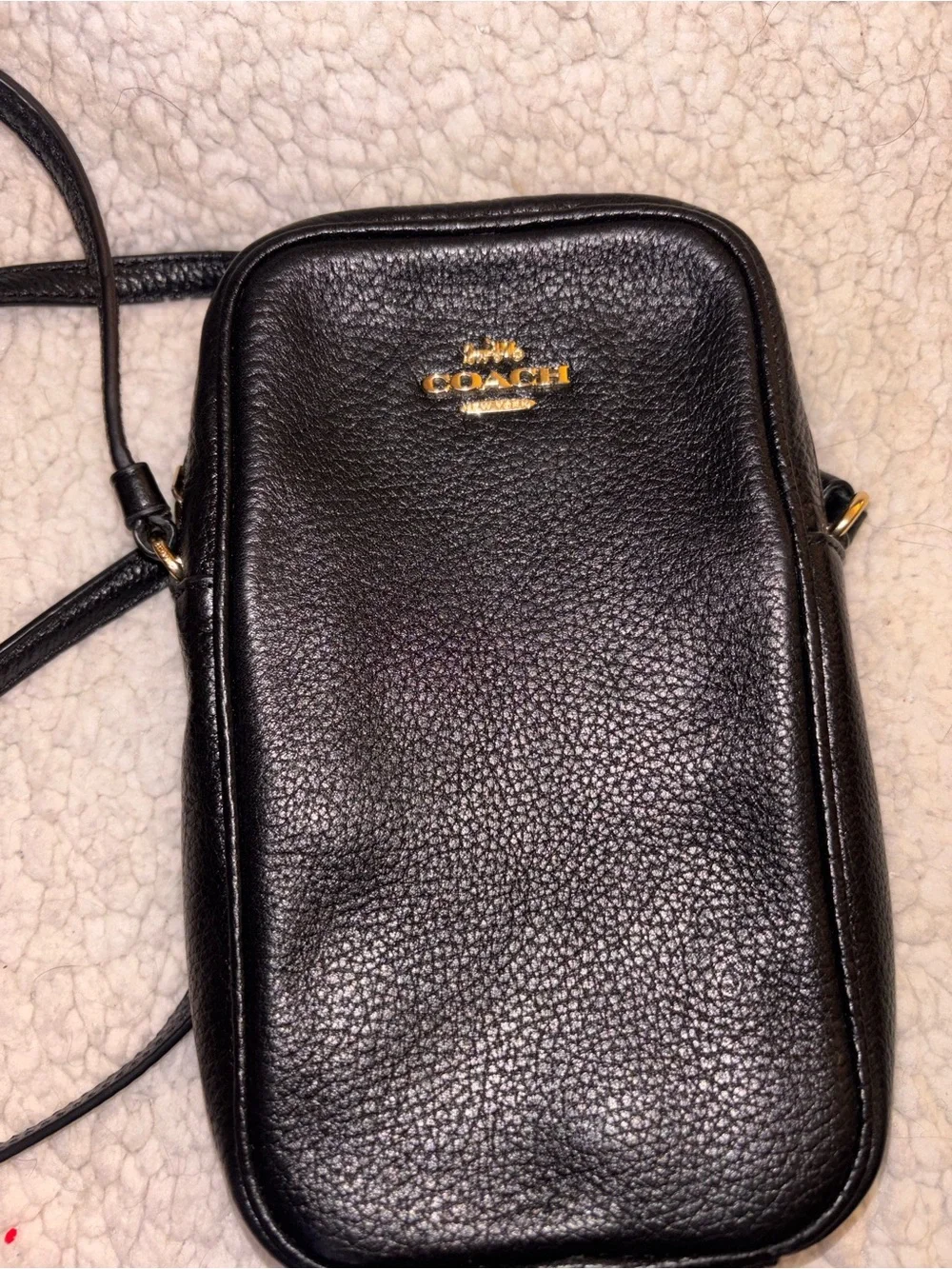 Coach Black Pebble Leather Phone Crossbody Bag Gold Hardware